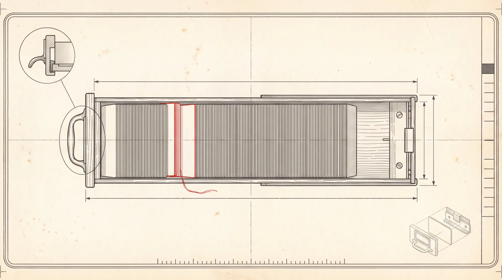A drawing of an open card-index drawer seen from above, packed edge-on with index cards, one standing proud with its edge inked red.