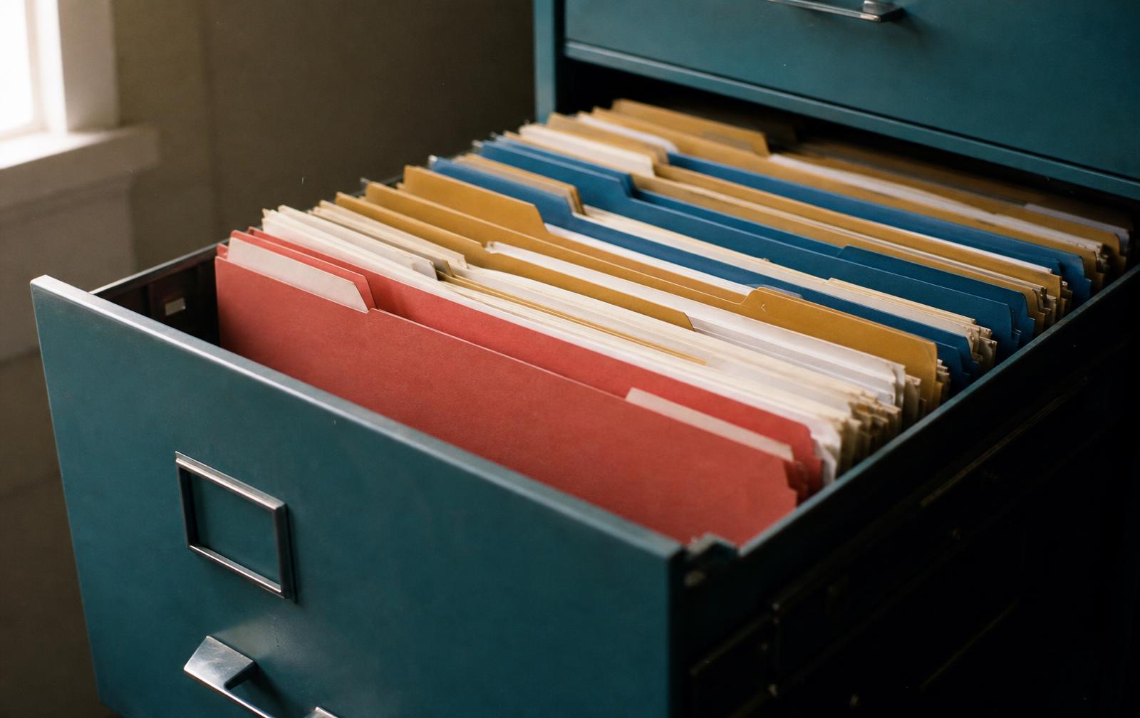 An open teal filing drawer packed with mustard, cobalt and coral folders (no text/labels).