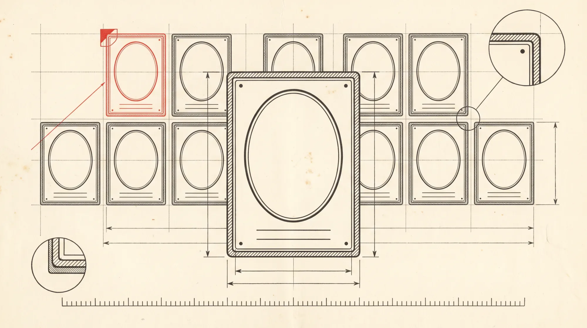 A drawing of one blank portrait plate reprinted twenty times in a ruled grid, every copy identical, one ringed in red.