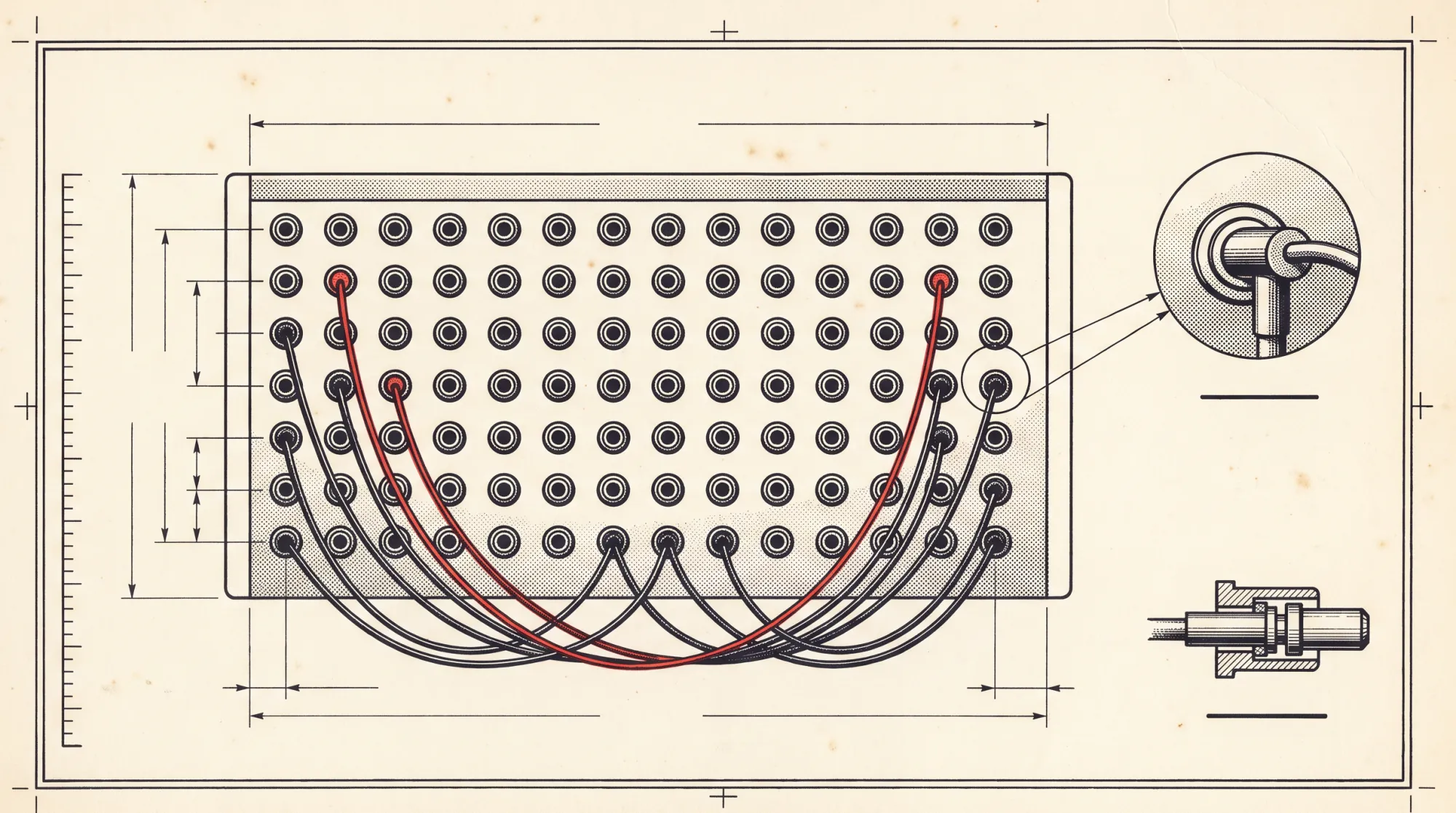 A drawing of a telephone exchange patch panel: a grid of a hundred jack sockets with cords looping across it, three of them inked red.