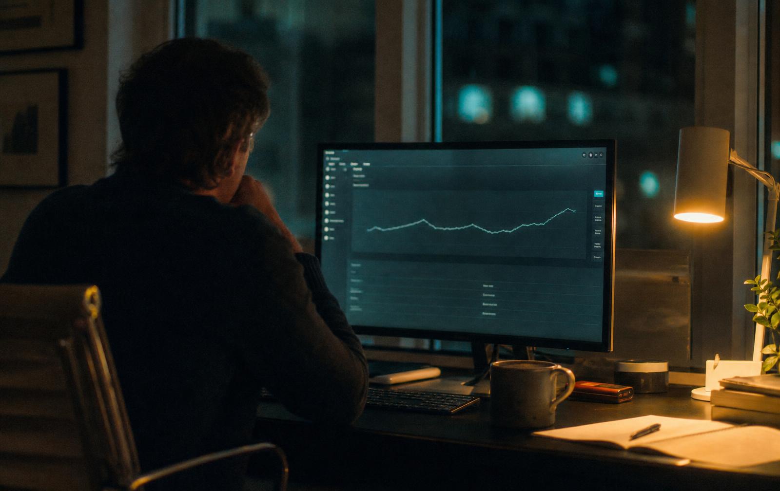 An analyst at a quiet night desk watching a single restrained teal monitoring screen.