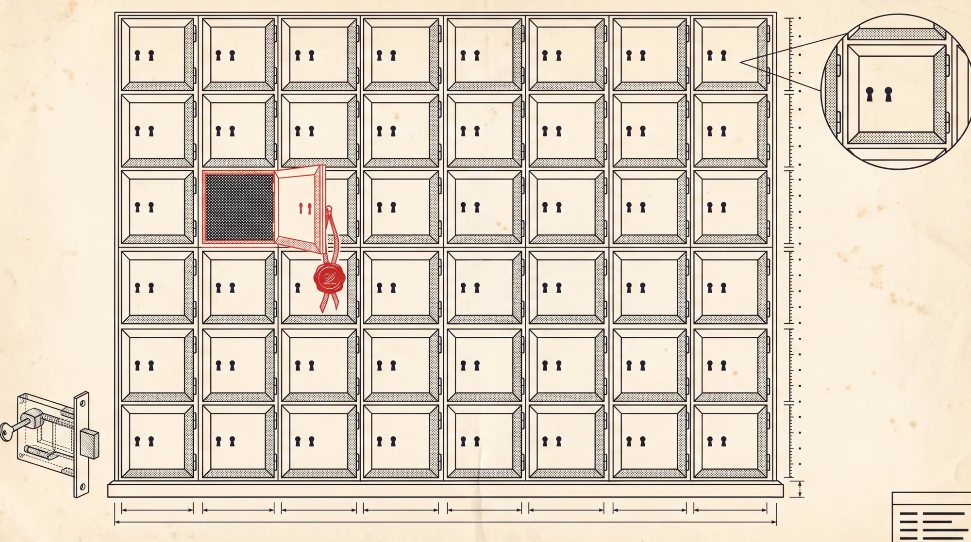 A drawing of a wall of safe deposit doors, one marked in red and standing open on its hinge with a red wax seal hanging from it.