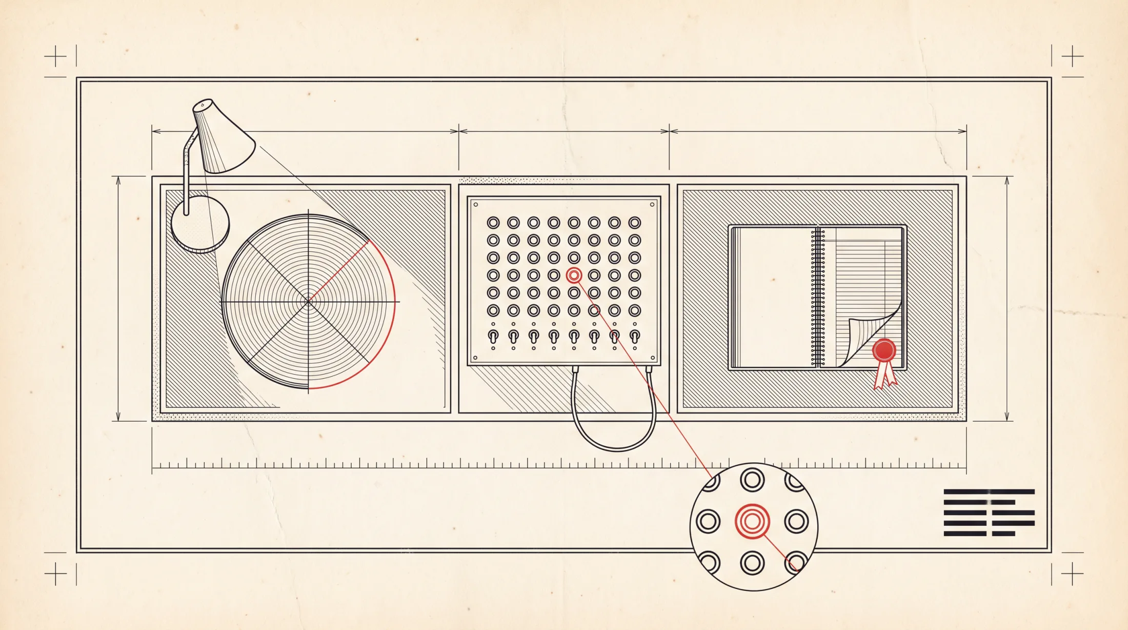 A drawing of a night watch desk with three instrument bays: a sweeping scope, an annunciator panel with one lit indicator, and a sealed ledger.