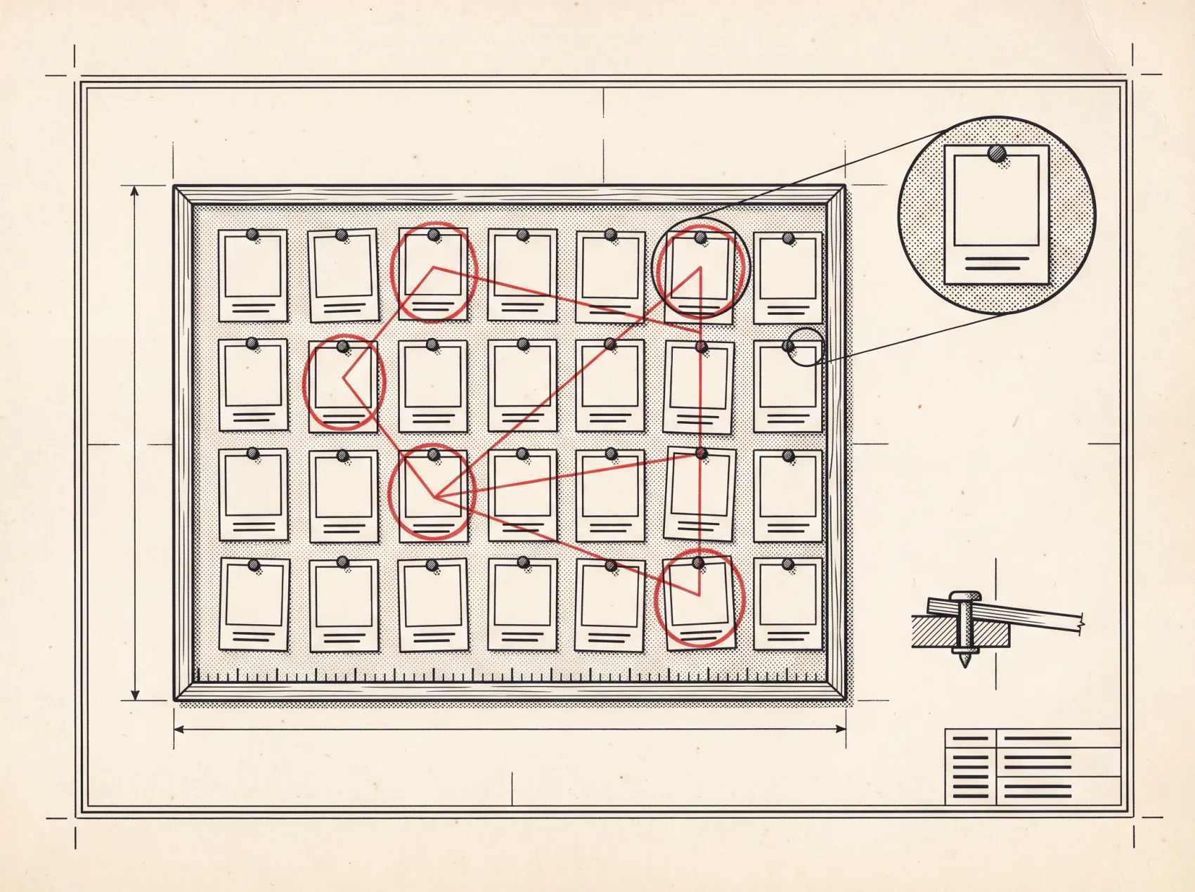 A drawing of an investigation board of blank pinned prints, five of them ringed in red and strung together with red thread.