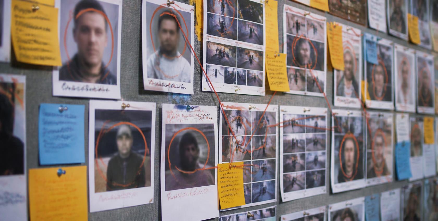 A monitoring wall of blurred screenshot prints ringed in coral and linked by thread.
