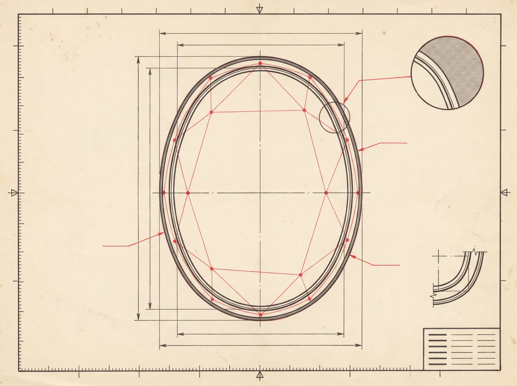 A survey drawing of a blank portrait outline, measured out to tick scales and webbed over with a red triangulation mesh.