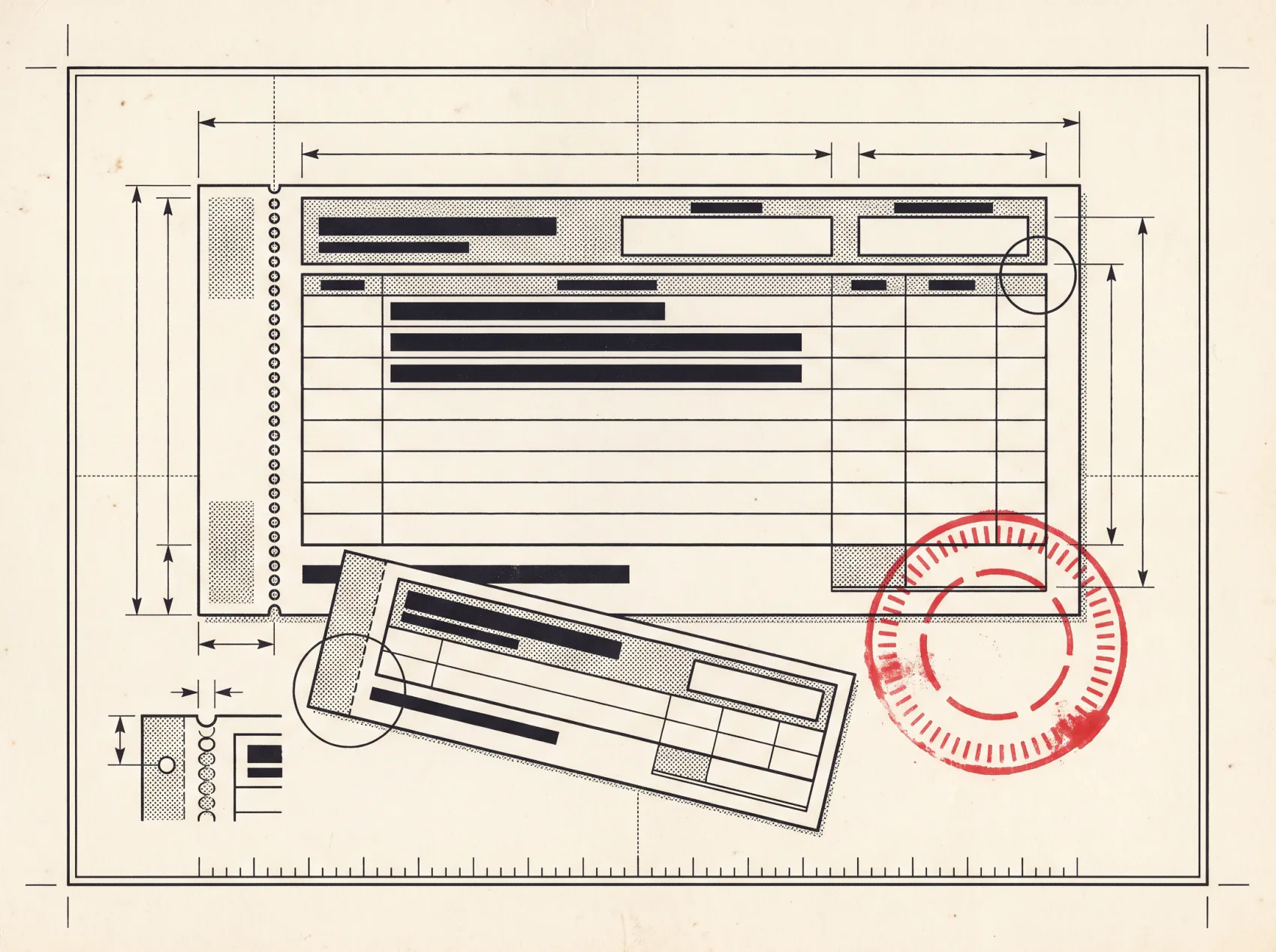 A drawing of a payment authorisation slip and its counterfoil, with a red approval stamp pressed across the corner.