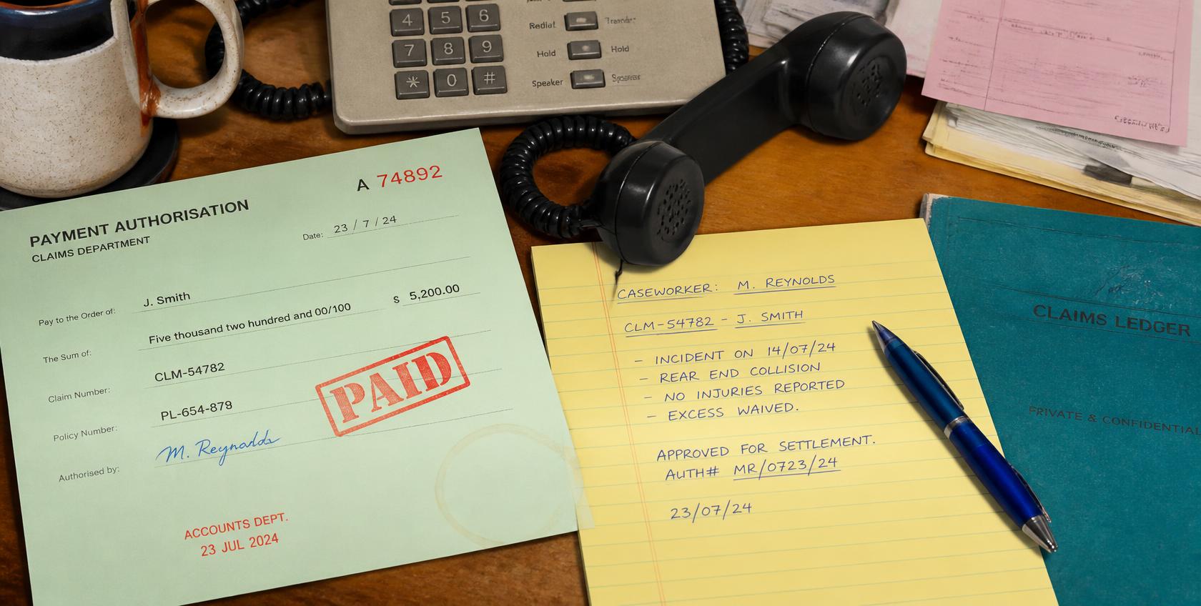 A claims desk with a payment authorisation stamped PAID and a caseworker's notes.
