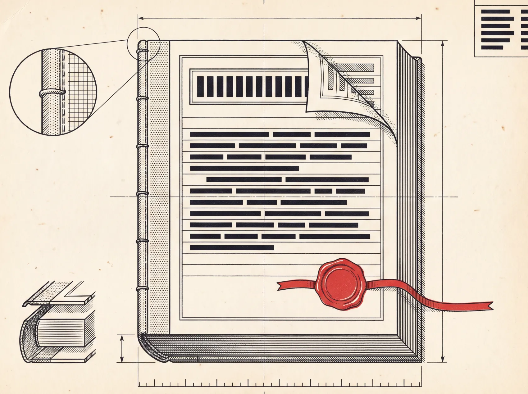 A drawing of a bound policy document seen from above, sealed at the corner with red wax and a ribbon.