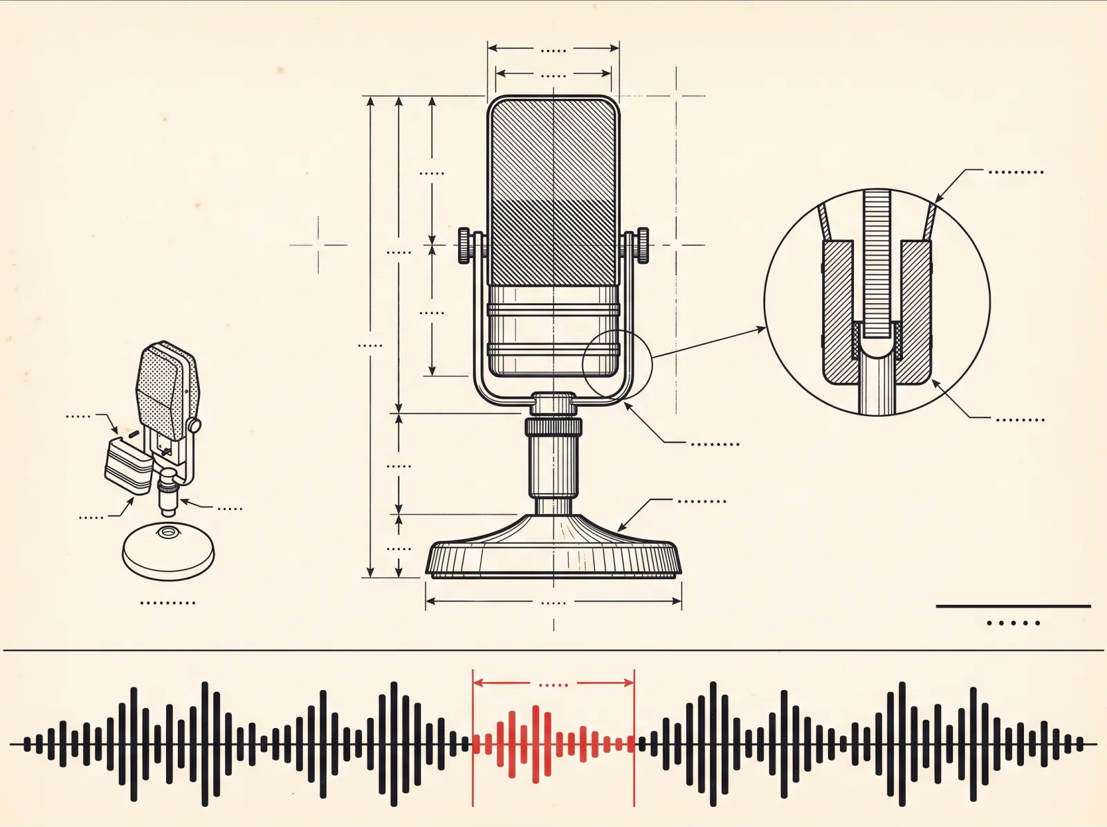 A drawing of a ribbon microphone above its own waveform, with one short segment of the sound bracketed in red.