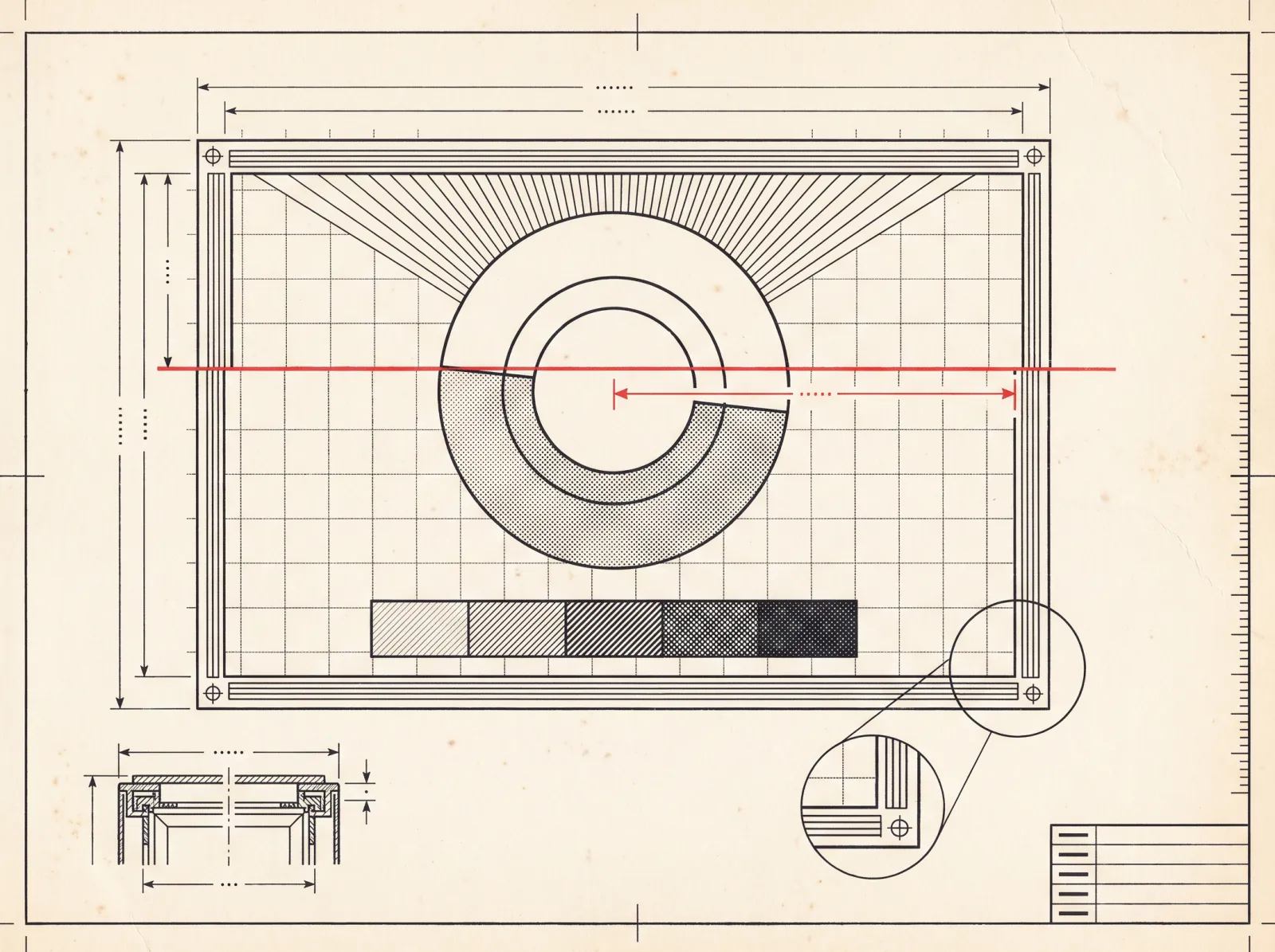 A drawing of a video call window showing a broadcast test card, severed along a red seam with the halves plainly out of line.
