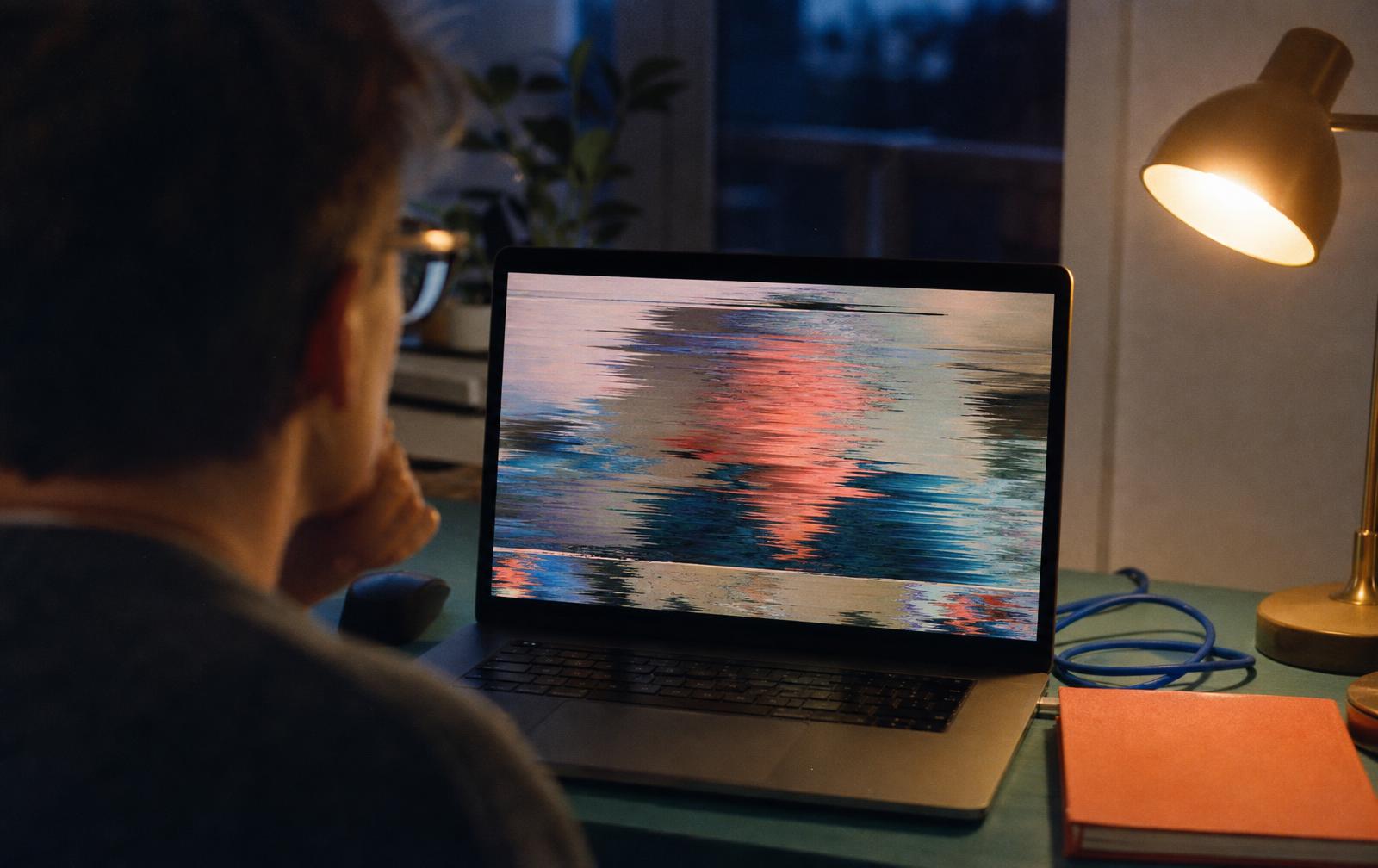 A laptop showing a video call whose caller tears and misregisters mid-frame (face deliberately unrecognisable).