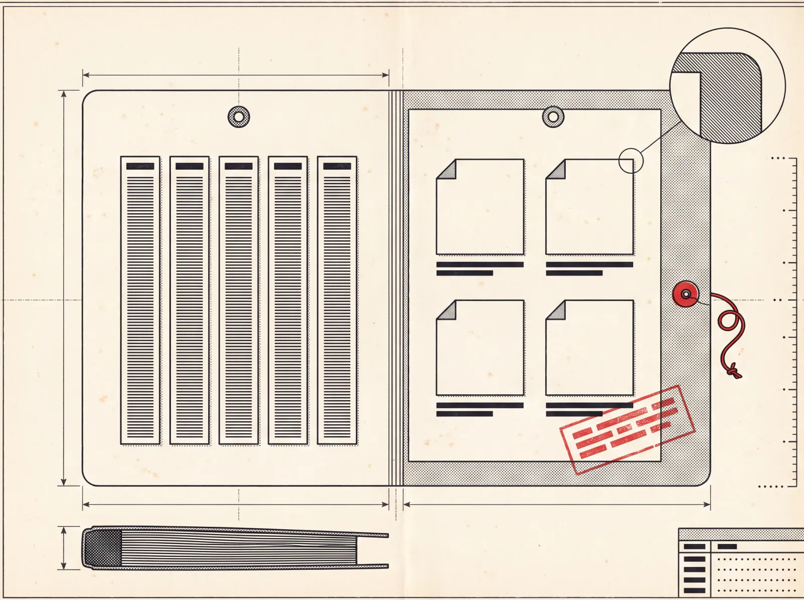 A drawing of an open case folder holding logged data strips and four evidence prints, stamped in red at the corner.
