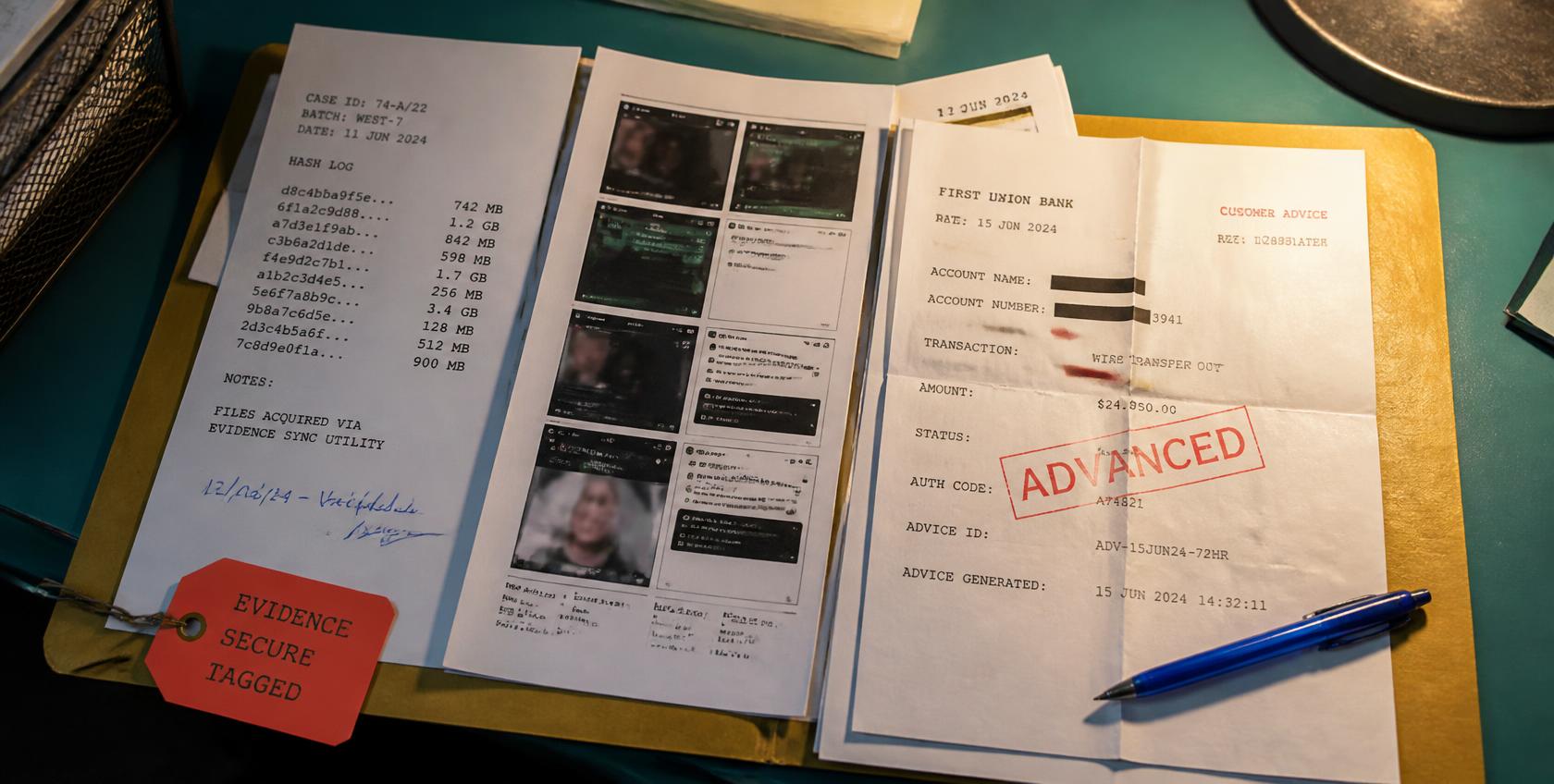 An open case file of hash logs and evidence prints beside a bank advice stamped ADVANCED.