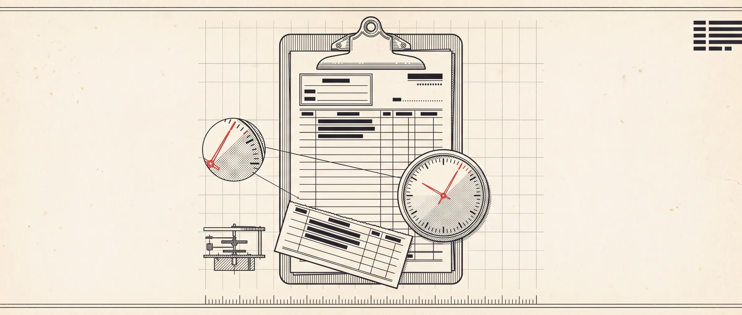 A drawing of a claim docket under a spring clip beside a clock dial whose red hands stand just before four.