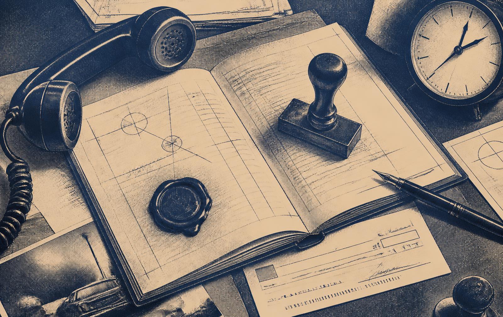 A claims desk with an open ledger, wax seal, approval stamp and cheque stub