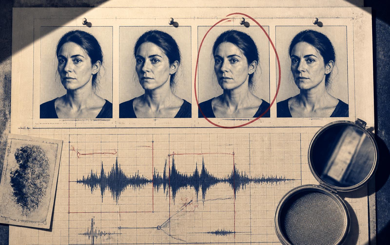 Four near-identical portraits pinned to a board, one circled in red ink, beside an annotated voice waveform
