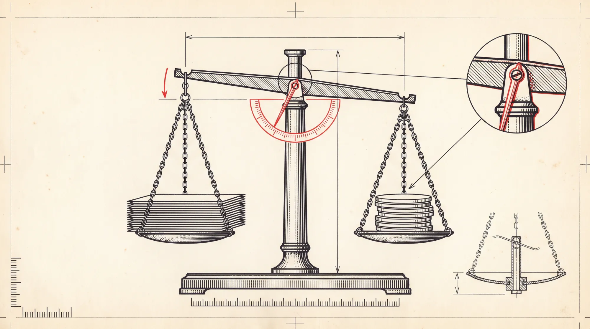 A drawing of a balance weighing a stack of blank prints against a stack of coins, its needle and graduated arc inked red.