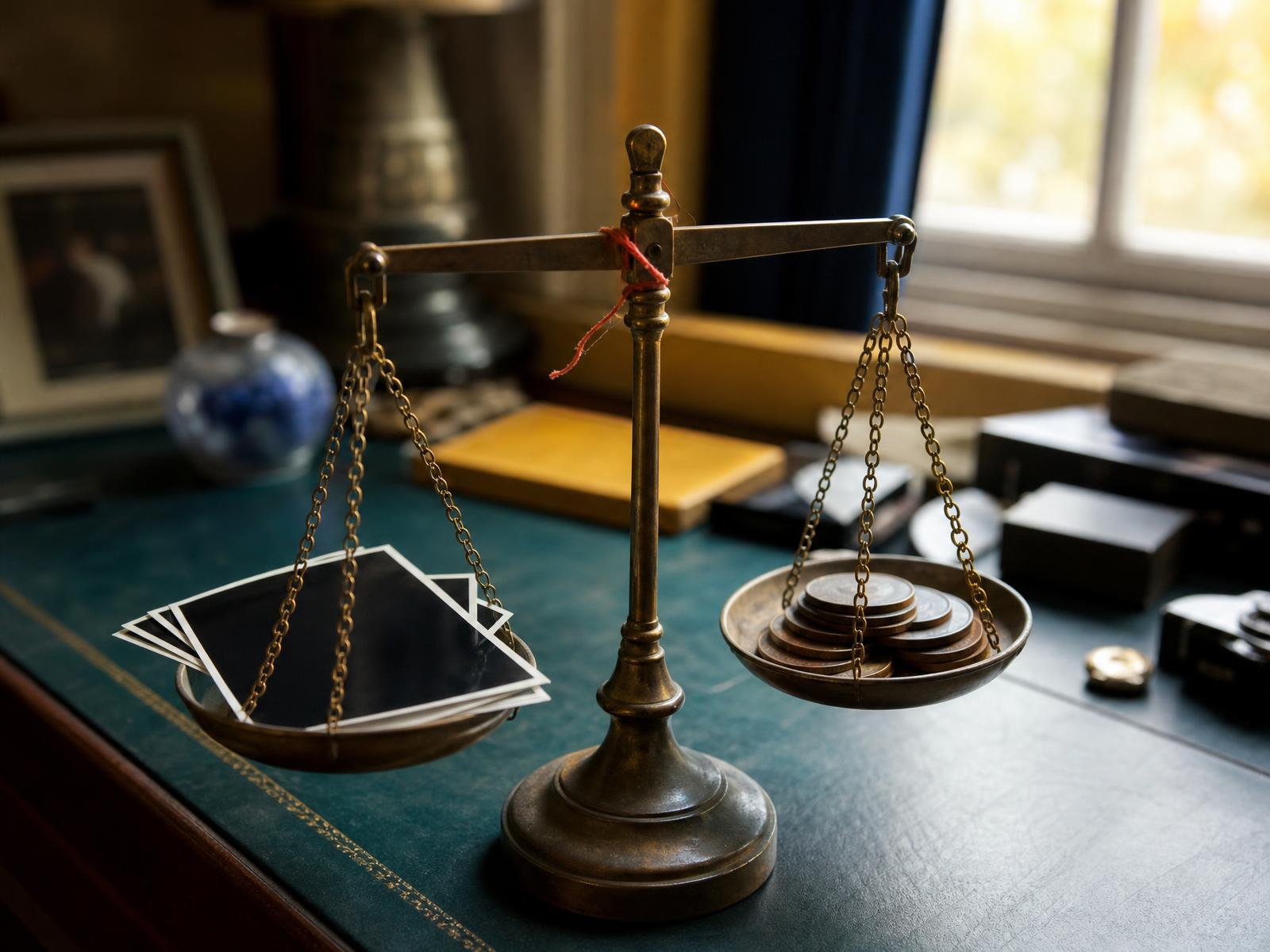 A brass balance scale weighing a stack of blank photographic prints against a stack of coins